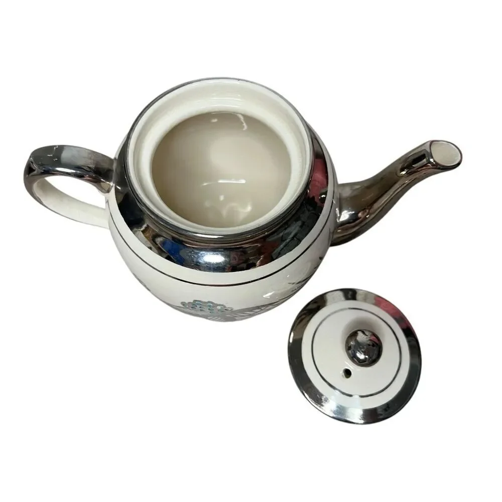Vintage Price Bros. Ceramic Teapot Silver Blue‎ White Made in England